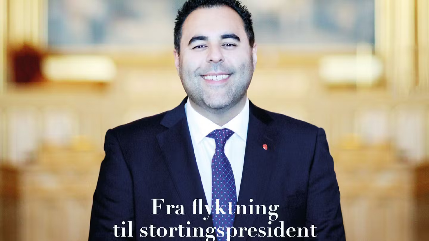 Bilde av Masud Gharahkhani, med teksten "Fra flyktning til stortingspresident".