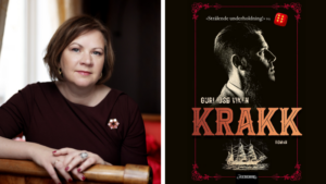 Collage med bilder av Guro Idsøe Viken og boken "Krakk". Foto Guro Idsøe Viken: Agnete Brun. Omslagsfoto: Aschehoug forlag.