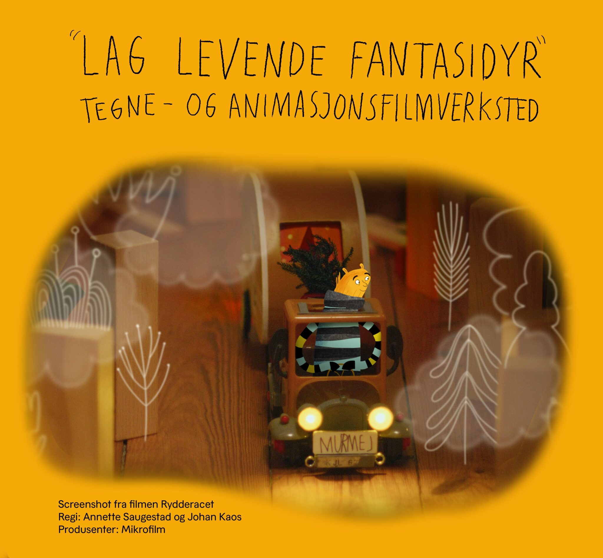 animasjon Skjermbilde fra kortfilmen Rydderacet, og tittelen "Lag levende fabtasidyr" Tegne- og animasjonsverksted. Bilderettigheter: Kortfilmfestivalen i Grimstad.